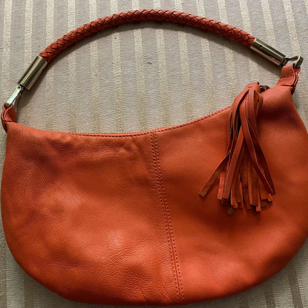 ORANGE LEATHER BOHO HAND BAG WITH BRAIDED HANDLE SO ADOREABLE